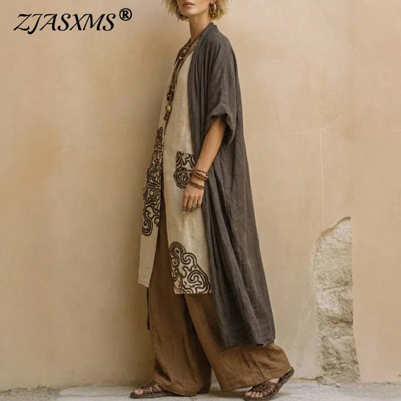 Summer Short Sleeve Loose Robe Set Woman Sexy V Neck Slit Top+Wide Leg Pants+Long Cardigan 3 Piece Suit Spring Print Chic Outfit