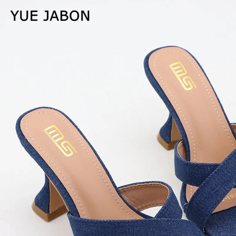 Blue Women's Shoes 2026 Fashion Summer Women's Slippers Square Toe Solid Color Denim Slip On Chunky Heels Casual Shoes Women