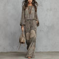 Boho Women 2‑Piece Outfit Vintage Paisley Print Long‑Sleeve Blouse High Waist Wide‑Leg Pants Casual Vacation Matching Set