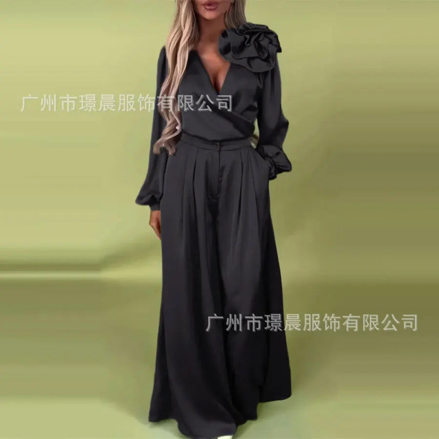Women 3D Pants Set Elegant Flower Satin Suit For Women V Neck Blouse Wide Leg Casual Loose Trousers Set Formal Commuting