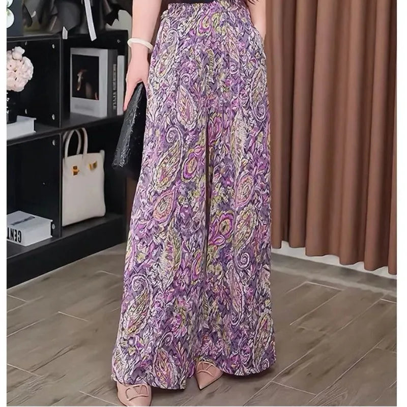 2025  High Waist Summer New Style Printing Pocket Sunscreen Ice Silk Pants Fashion Loose Temperament Wide Leg Straight Trousers