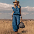 New Fashion Shirt + Wide Leg Pants Two-piece Sets Women Summer Casual Loose Solid Color Denim Top And Trousers Suit For Women