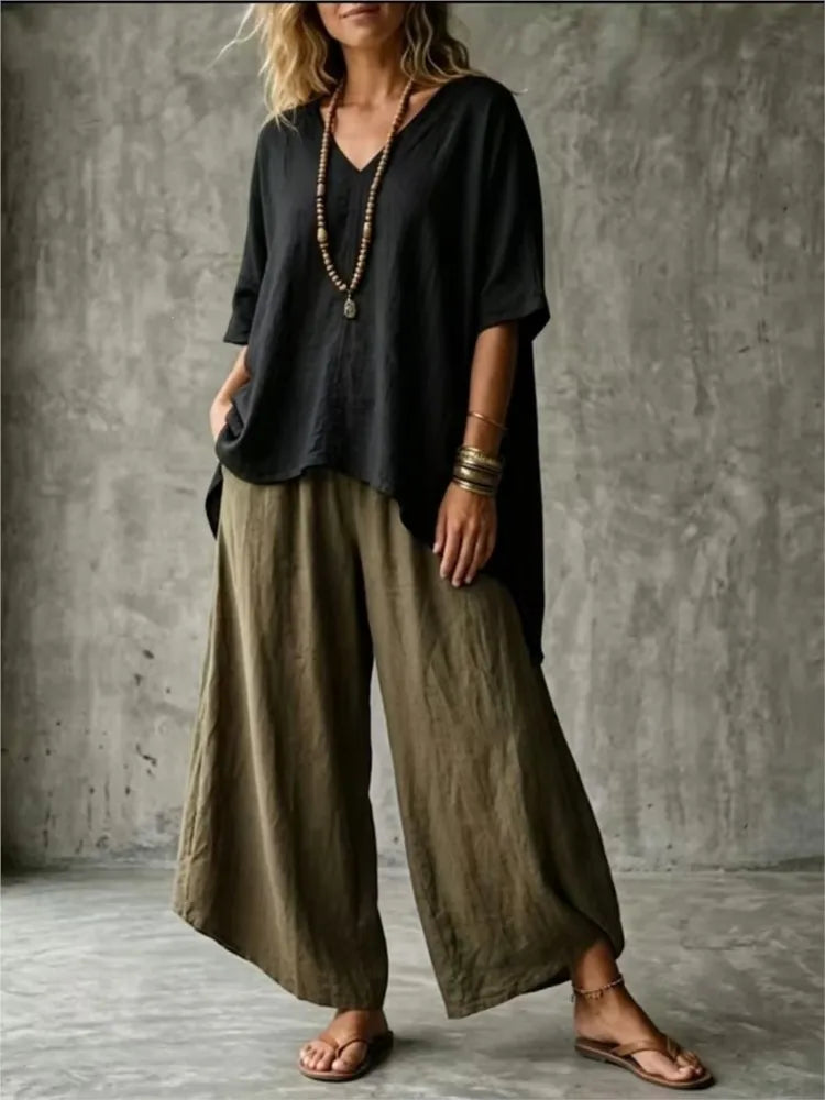 Summer New Loose Retro Short-sleeved T-shirt Trousers 2-piece Set Women's Fashion Irregular Top + Wide-leg Trousers Set Female