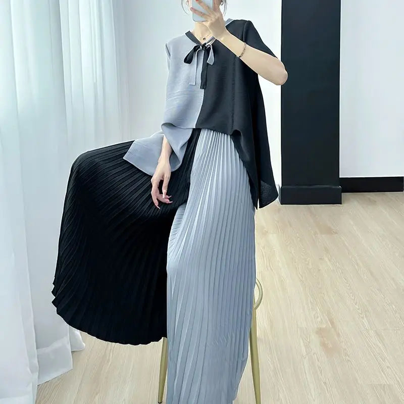 Blouse Pants Suit Women Summer Youthful Pleated Tie-front Delicate Short-sleeved T-shirt Wide-leg Pants New Comfortable Casual