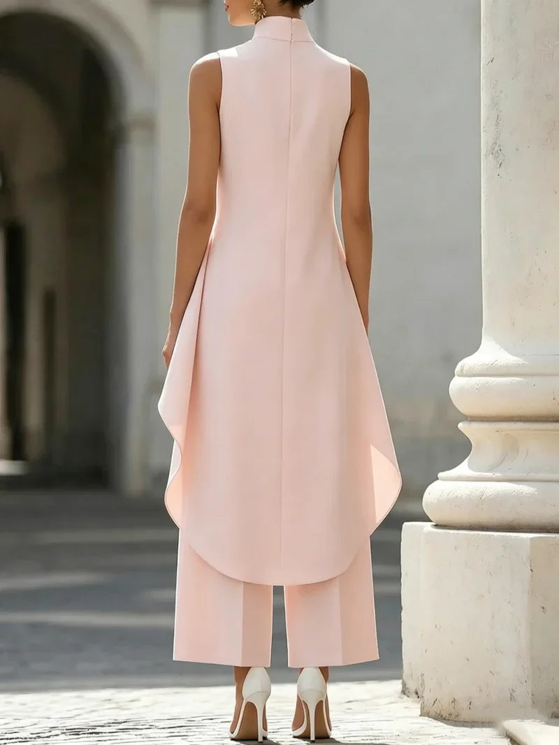 Sleeveless High Neck Jumpsuit With Asymmetric Draped Overlay Wide Leg Culottes Elegant Formal Evening Wear For Women