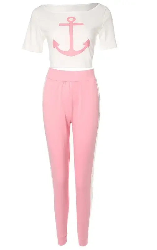 CPSYMYM Two Piece Set Women Outfit Summer  Anchor Print Short Sleeve Round Neck Top & Casual High Waist Daily Long Pants