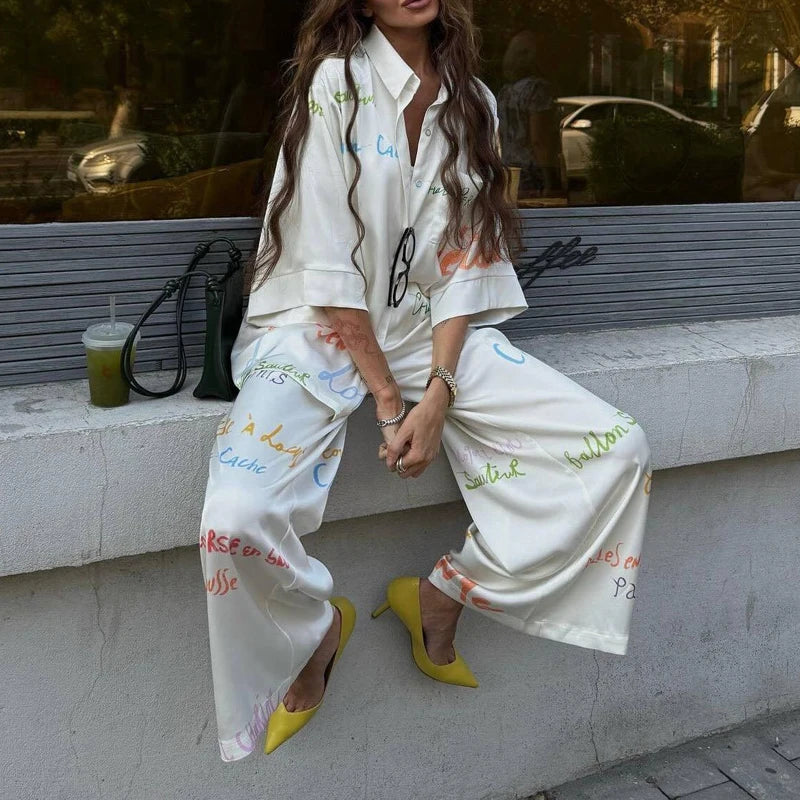 Summer Loose Soft Commute Two Piece Sets Elegant Lady High Waist Pants Set Casual Lapel Long Sleeve Printed Shirts And Pants Set