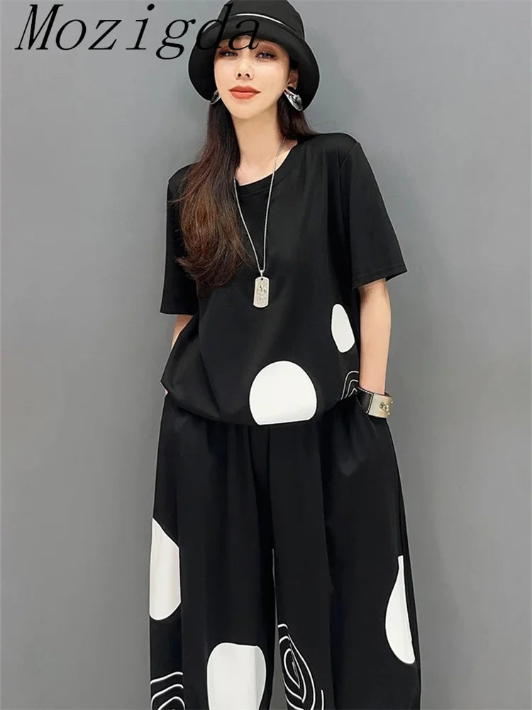 Polka Dot Striped Print 2 Two Piece Set Women Summer Casual Fashion Short Sleeve Ladies T-Shirts Loose Wide Leg Woman Pants