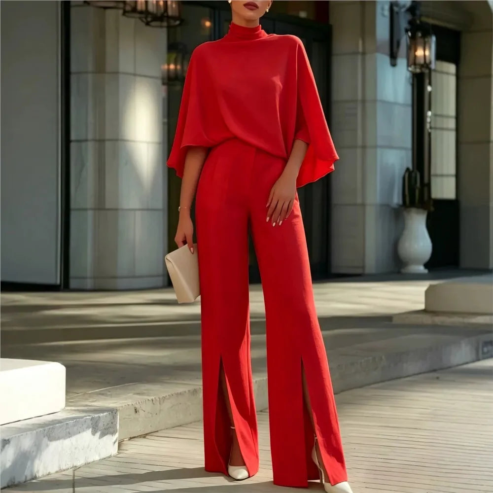 Autumn Women's Half Turtleneck Shawl Top Fashion Slit Wide Leg Trousers 2piece Suit Elegant Slim Fit Female Office Trousers Suit