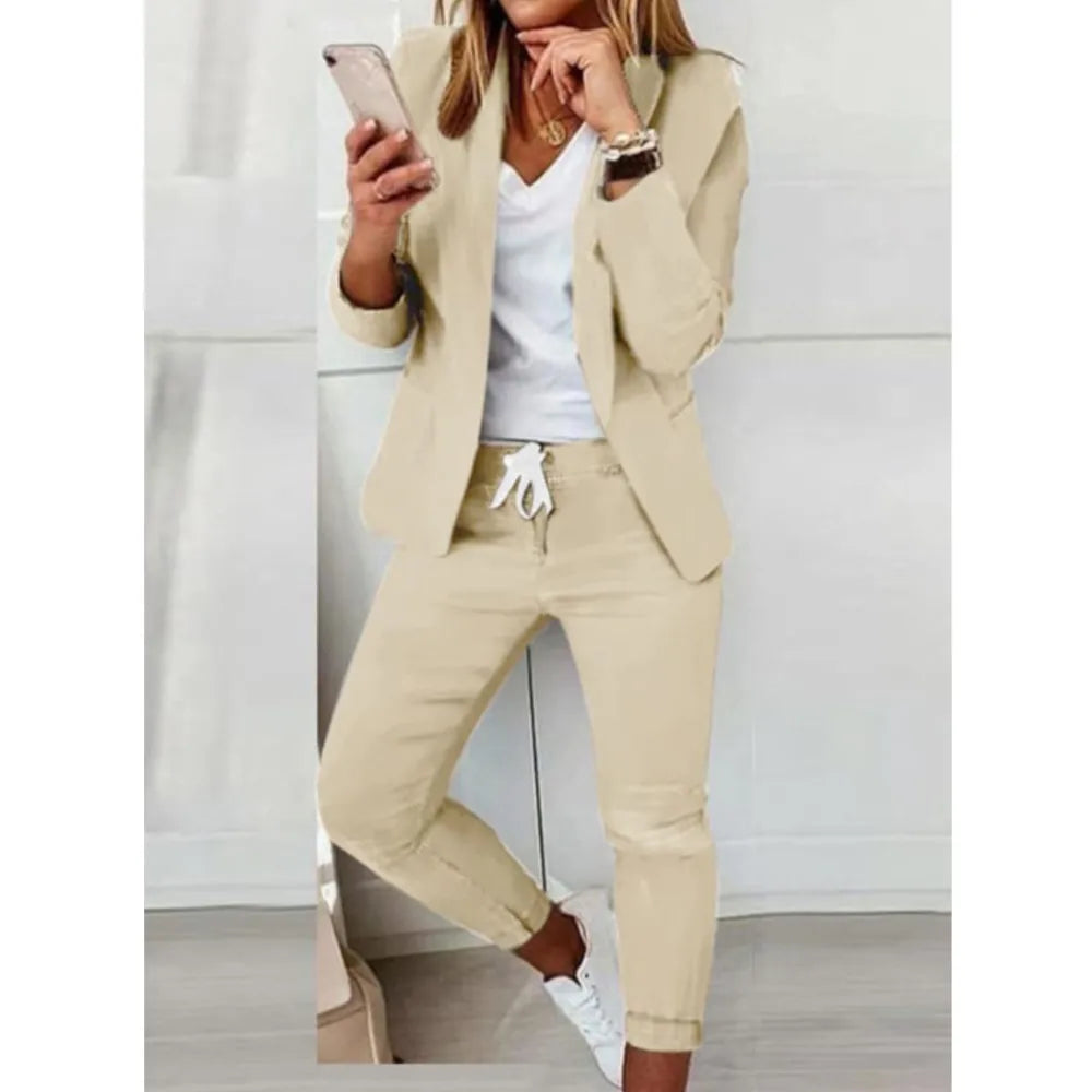 2 Piece Women's Autumn Winter Suit Fashion Slim Fit Lace-up Small Feet Trousers Women's Office Casual Solid Color Suit 2024