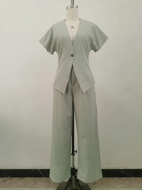 Women Pant Set Two Piece Sets V Neck Short Sleeve Tops Wide Leg Long Pants High Waist Y2k Streetwear Elegant Summer 2026