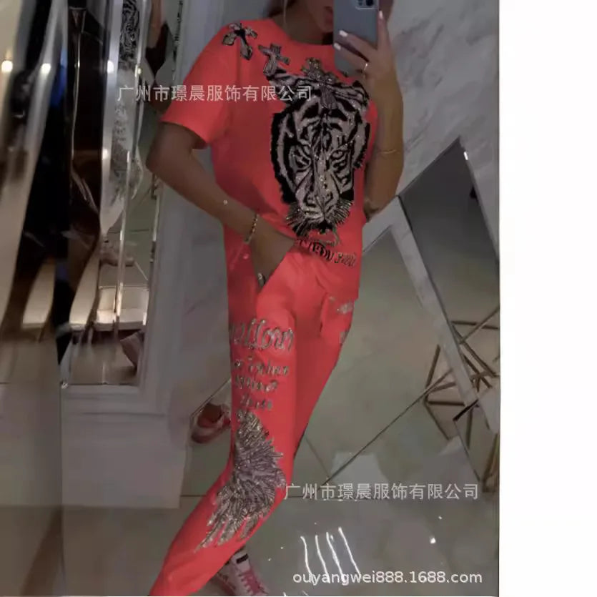 Spring Women Suit Print O-neck Short Sleeve Top Lace Up Long Pants Suits Female New Casual Elegant Trendy Ladies Clothes