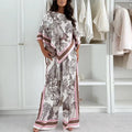 Vintage Printed Shirt High Waist Wide Leg Pants Suit Women Casual Two Piece Set Irregular 3/4 Length Shirt Trousers Holiday Sets