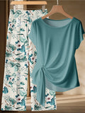 Summer Plus Outfit, Fresh and Casual Two-Piece Set, Short Sleeved Twisted Top + Tropical Plant Print Wide Leg Pants