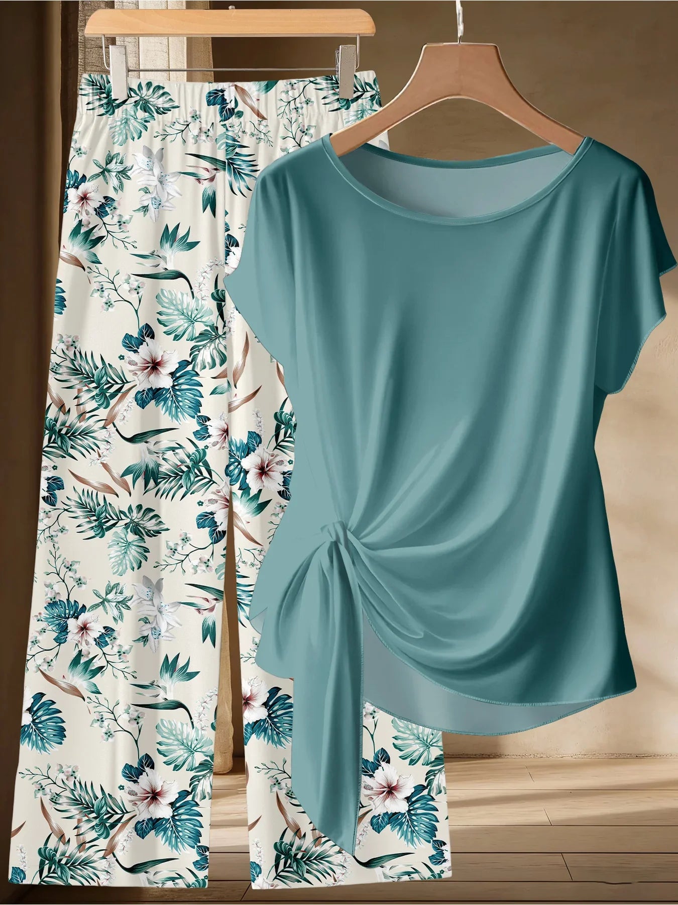 Summer Plus Outfit, Fresh and Casual Two-Piece Set, Short Sleeved Twisted Top + Tropical Plant Print Wide Leg Pants