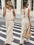 Ladies Spring Summer Elegant Casual Holiday Wear Solid Color Sleeveless Back Tied Top Straight Leg Pants Outfit