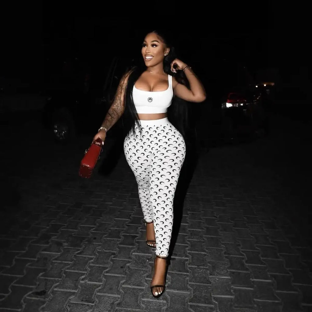 Y2K Fashion Women Two Piece Set Sexy Slim Fit Vest and Pants High Street Retro Crescent Print Matching Set