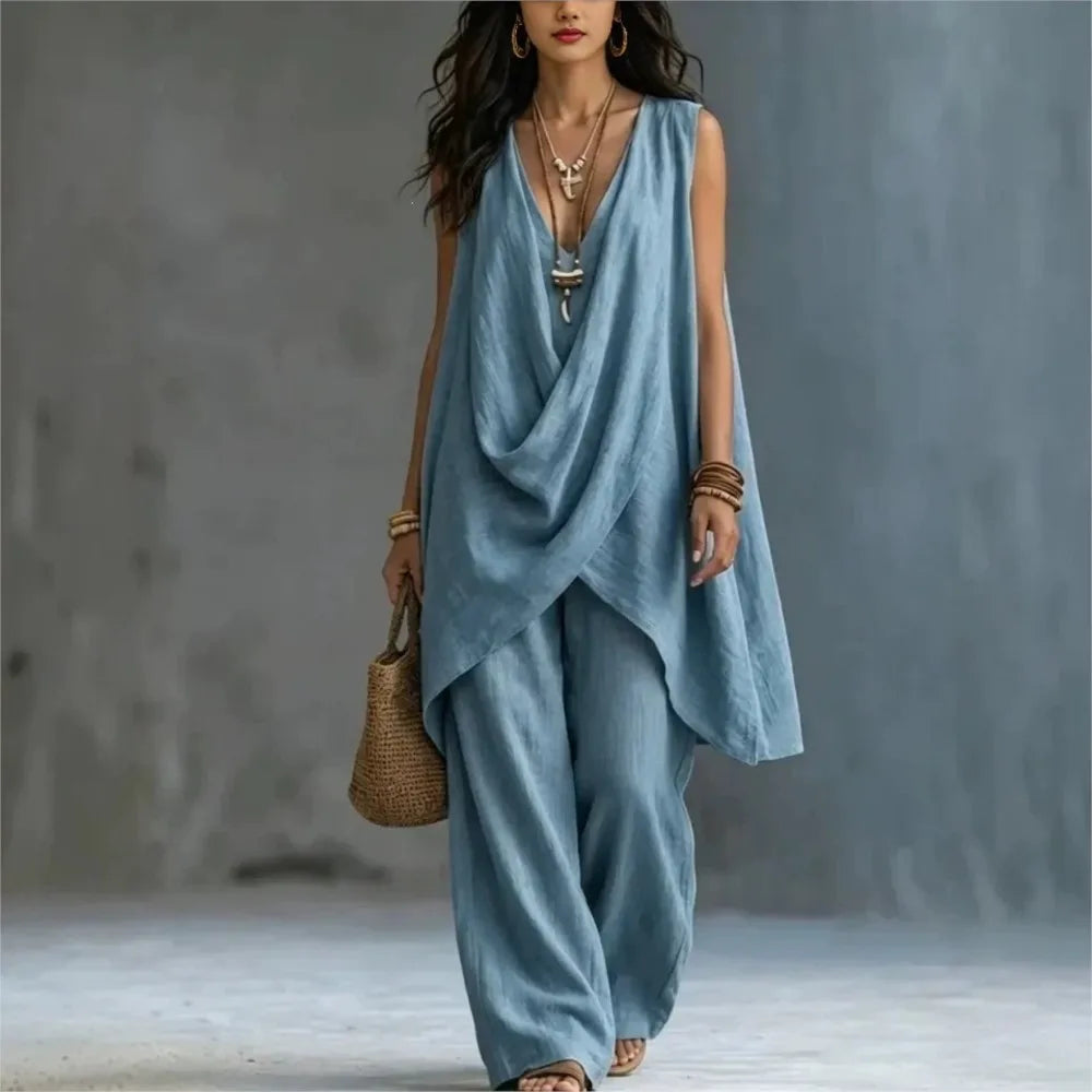Women's Fashion Cotton Linen Irregular Sleeveless Long Tops 2-piece Set Spring Summer New Casual Wide-leg Trousers Female Suit