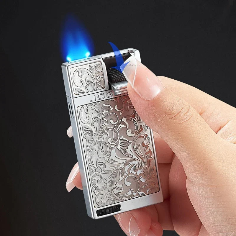 Jobon Upgraded Luxury Press Ignition Gas Lighter - Zinc Alloy Windproof Lighter Blue Jet Flame Cigar Lighter Men's Gift