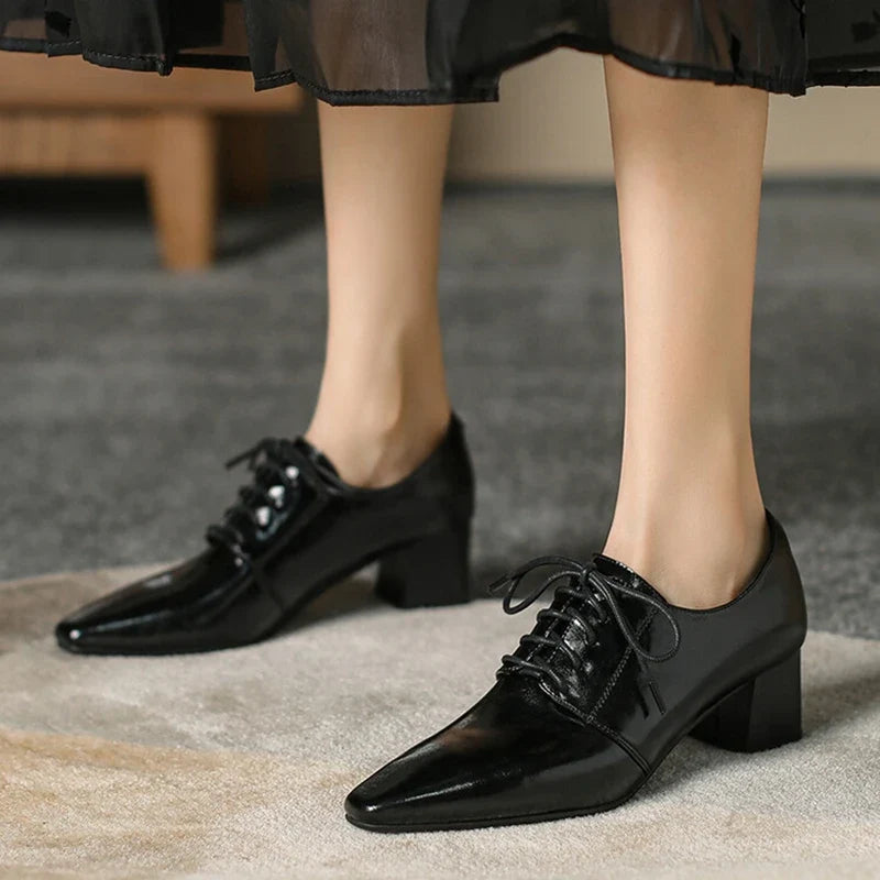 NEW Spring/Autumn Women Pumps Square Toe Chunky Heel Shoes Concise Split Leather Shoes for Women Lace-up Handmade Women Shoes