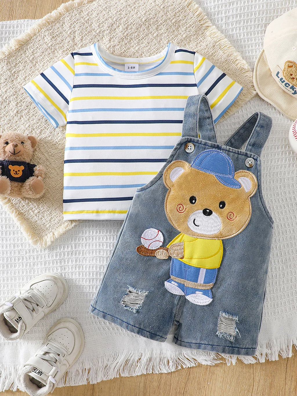 Baby Boy Striped Short-Sleeved T-Shirt + Bear Denim Overalls Shorts Set, Cute Summer Two-Piece Set, Soft and Breathable Childlike Outfit