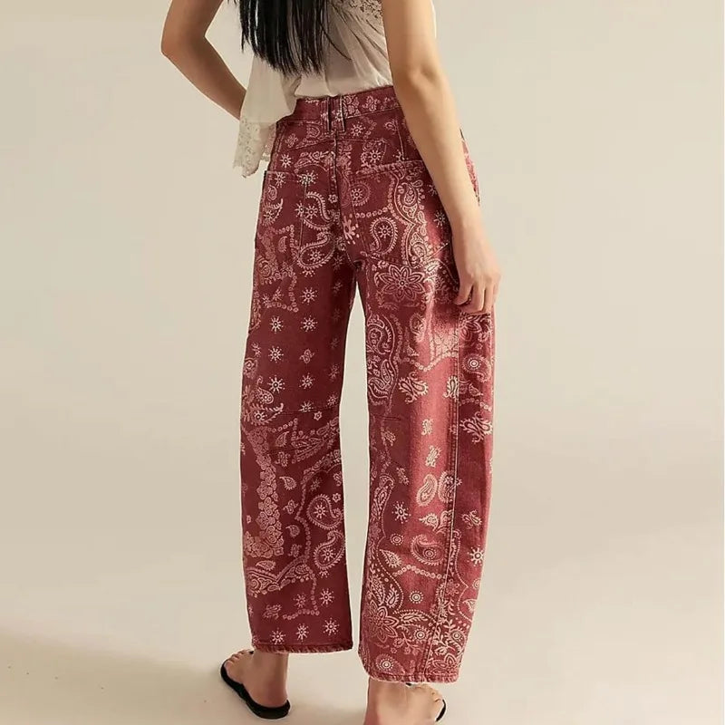 New Spring and Autumn Women's Loose Denim Flower Print Denim Pants Wide-leg Pants