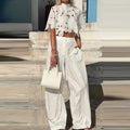 White Lace High Waist Women Outfit Casual Loose Beach 2 Piece Set Summer O Neck Short Sleeve Top and Wide Leg Pants Holiday Suit