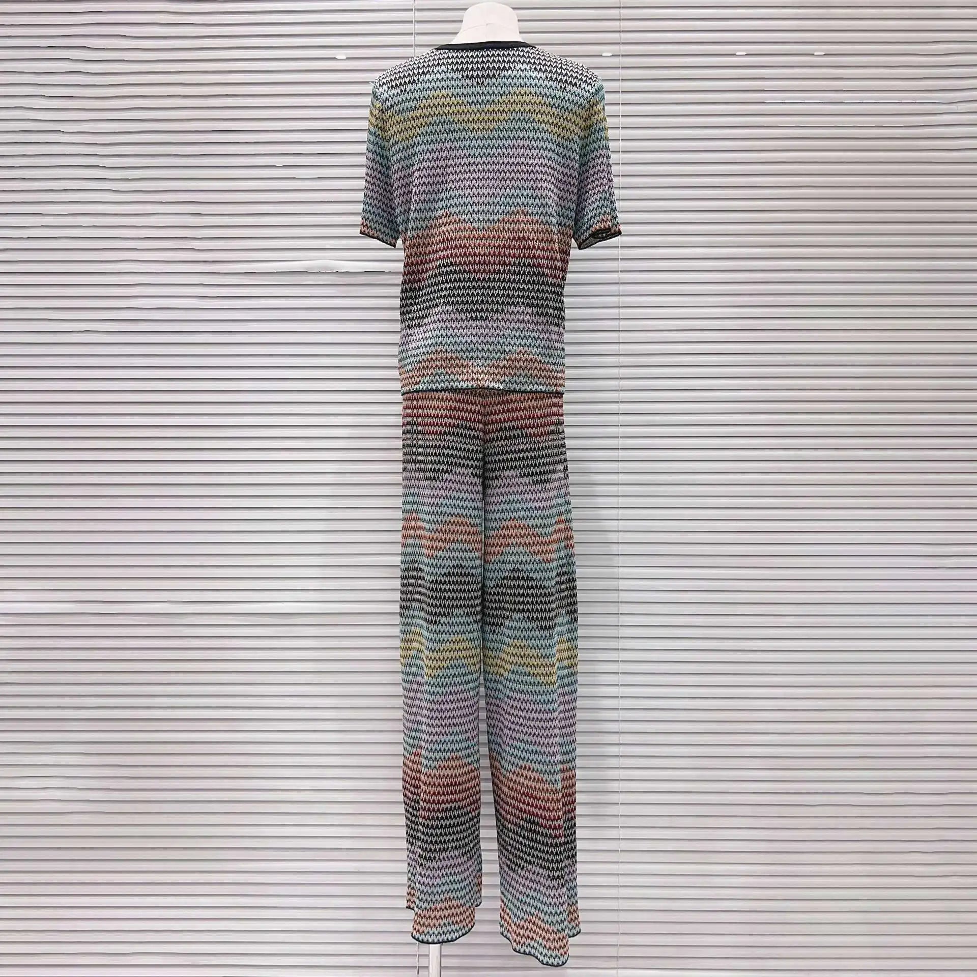 CHUJIE 2026 Summer New, Stylish And Versatile, Round Neck Colorful Contrast Striped, Short-sleeve Knitted Top + Trousers Set