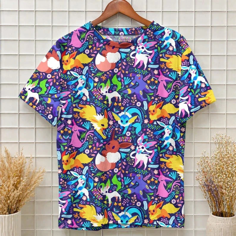 Pok É Mon Eevee Collection Printed Short Sleeves for Spring and Summer Breathable Loose Anime Peripheral Casual T-shirt