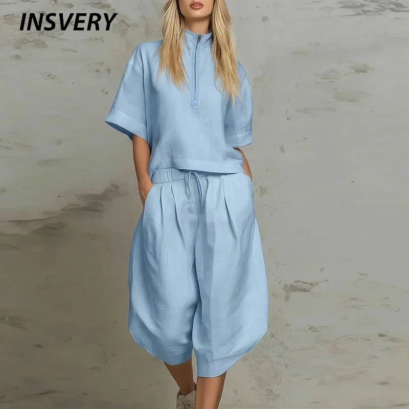 Summer Zipper Half Sleeve Shirt High Waist 3/4 Length Pants Suit Women Comfortable Two Piece Set Female Tracksuits
