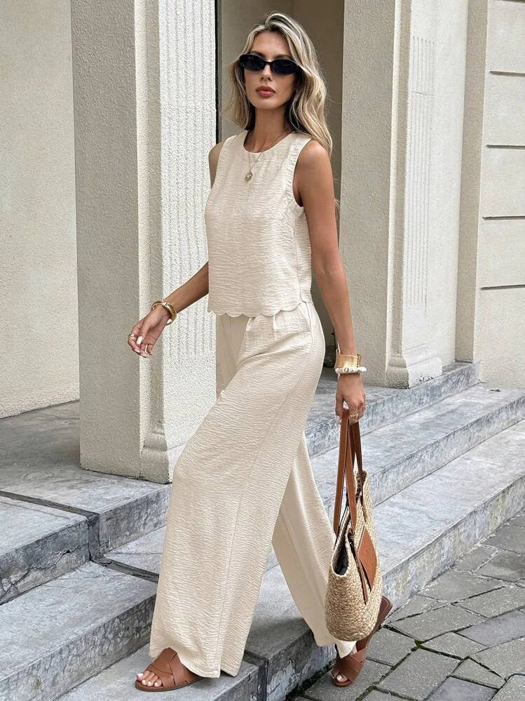 Ladies Spring Summer Elegant Casual Holiday Wear Solid Color Sleeveless Back Tied Top Straight Leg Pants Outfit