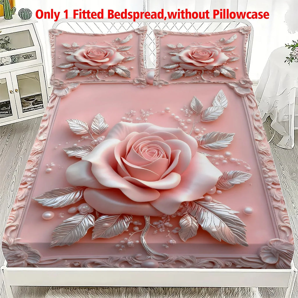 1pc 3D Embossed Pink Rose Print Fitted Sheet Deep Pocket Elastic