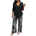 Women Solid V Neck Long Sleeve Digital Print Pants Two Piece Set Casual Stylish Matching Outfit for Daily Outdoor Lounge Wear