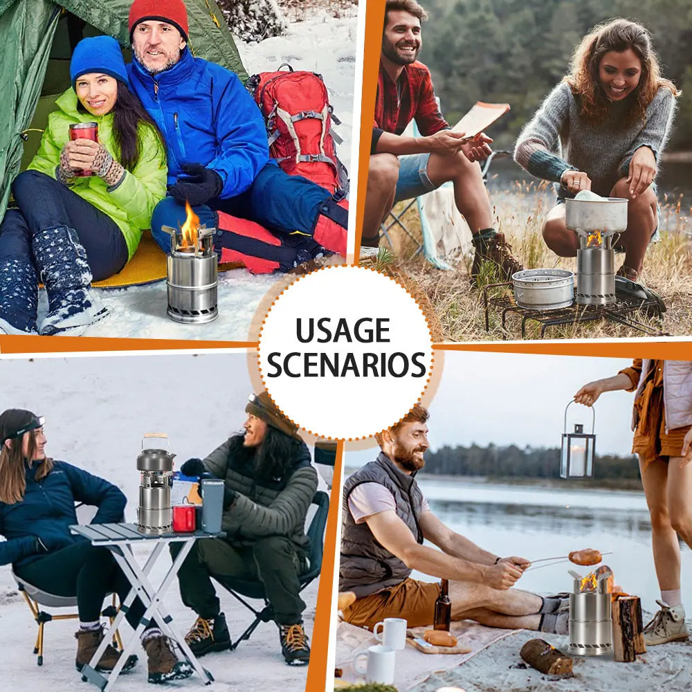Outdoor Camping Portable Wood Stove Stainless Steel Double-Layer Heat-Concentrating Split Stackable Picnic Backpack Stove