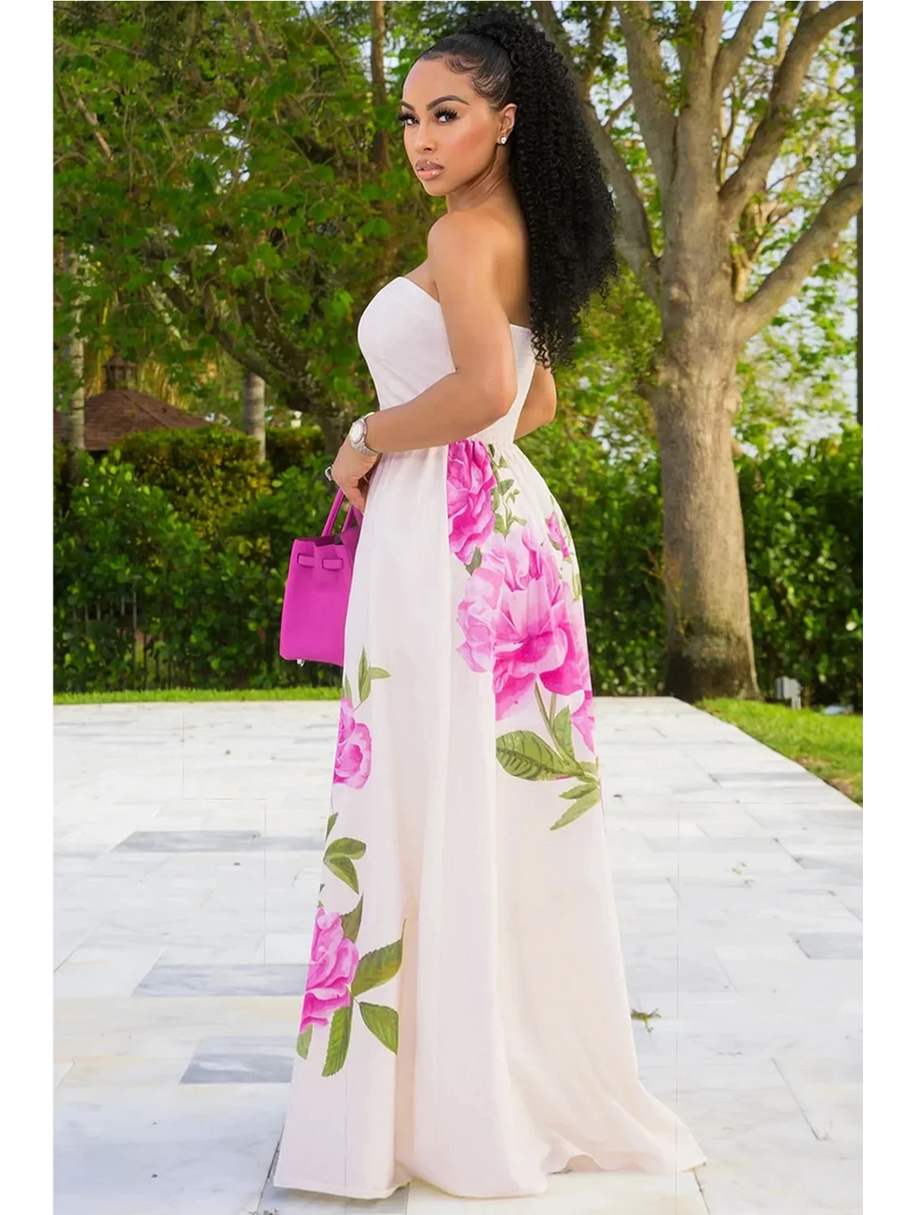 Women Tube Strapless Waist Flowy Maxi Dress With Floral Print For Wedding Guest Resort And Vacation Occasion