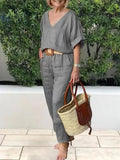 2 piece sets women outfit Women Suits Gray V-neck Short Sleeve Tops Wide Leg Pants Loose 2-piece Set Women Casual Women Clothes