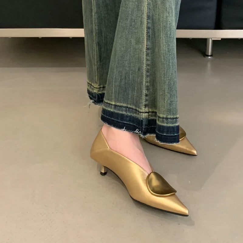 2025 Autumn New Brand Women Pumps Shoes Fashion Gold Metal Shallow Slip on Single Shoes Thin Low Heel Dress Pumps