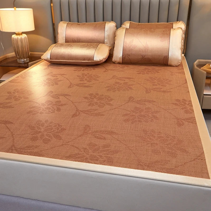 Summer Cool Rattan Mat Sets Natural Plant Fiber Ice Mats with Pillowcase Foldable Non-Slip Breathable Cooling Mattress Cover