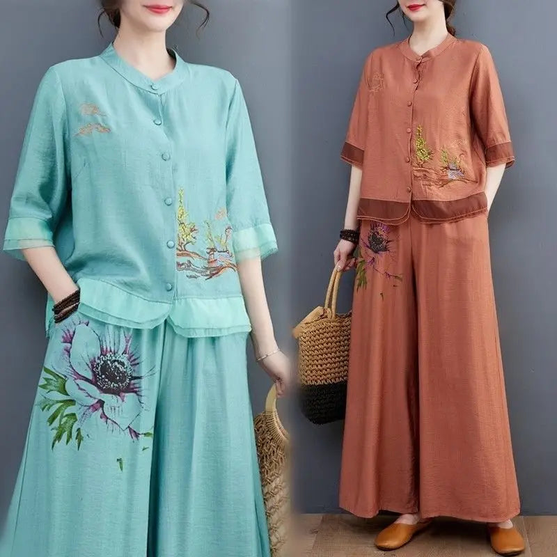 Ethnic style Pant Suit Women's Ramie Upper Garment Summer Cotton Linen Cardigan Embroidery Mother's Loose Two-Piece Set Female