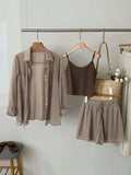 【Plus Size】 Three-Piece Set Solid Color Set, Casual Long Sleeve Button Shirt & Crop Cami Top & Shorts Set
