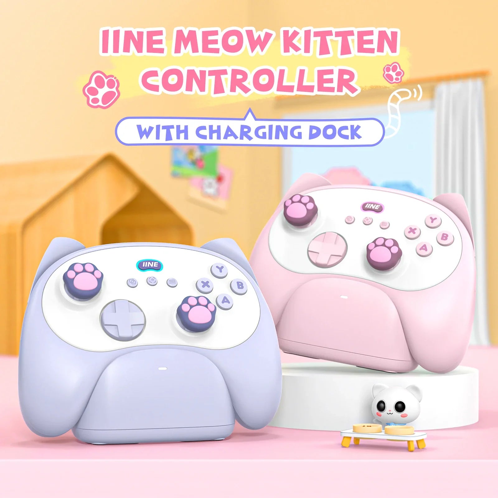 IINE PC/iOS/Android/Phone/Switch Meow Cat Controller with Charging Dock, Hall Effect Joystick & Trigger  Two-Player Game