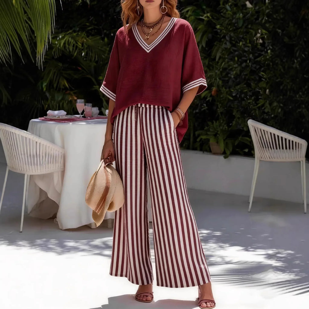 Two Pieces Women Pant Sets Striped Matching Set Short Sleeves V Neck Top Elastic Waist Wide Leg Pants Loose Casual 2026 Summer