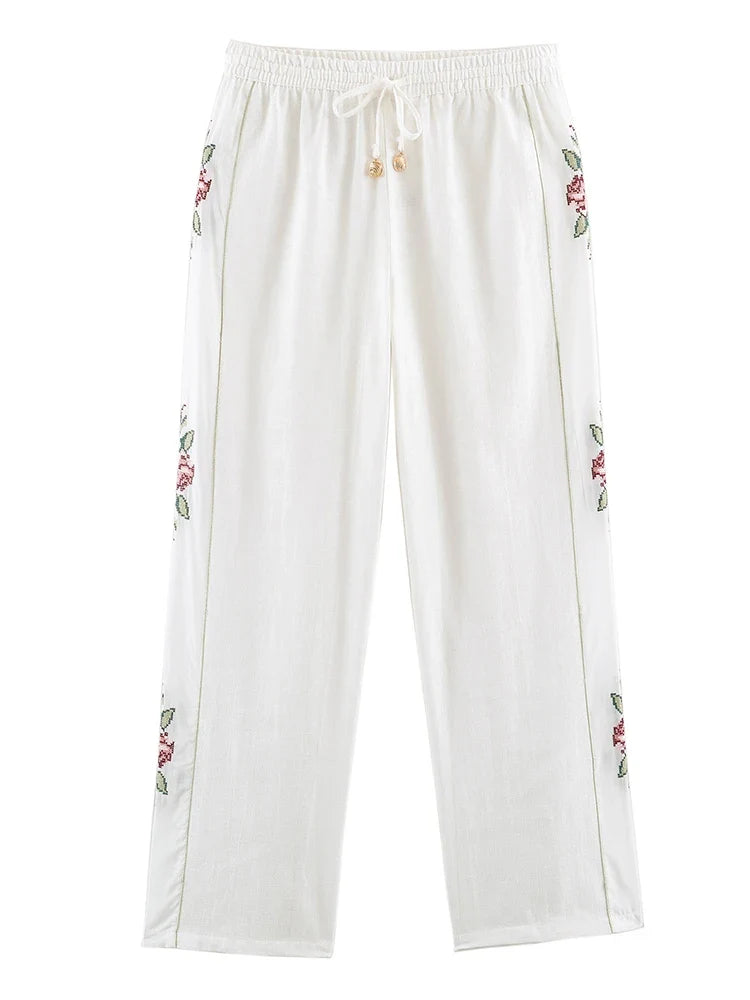 HH Elegant Women's 2026 Floral Embroidered Straight-Leg Pants Spring Autumn Casual Elastic Waist Side Stripe Boho Trousers