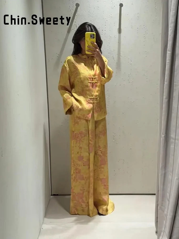 Fashion Women's Printed Button Top Long Pant Set Loose Stand Collar Full Sleeved Tops Wide Leg Pants 2026 Autumn Lady Suit New
