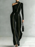 Women's Two-piece Slim-fit Long-sleeved Double-zipper Wide-leg Pant 2026 Spring Elegant Fashion Stand-up Collar Solid Color Suit