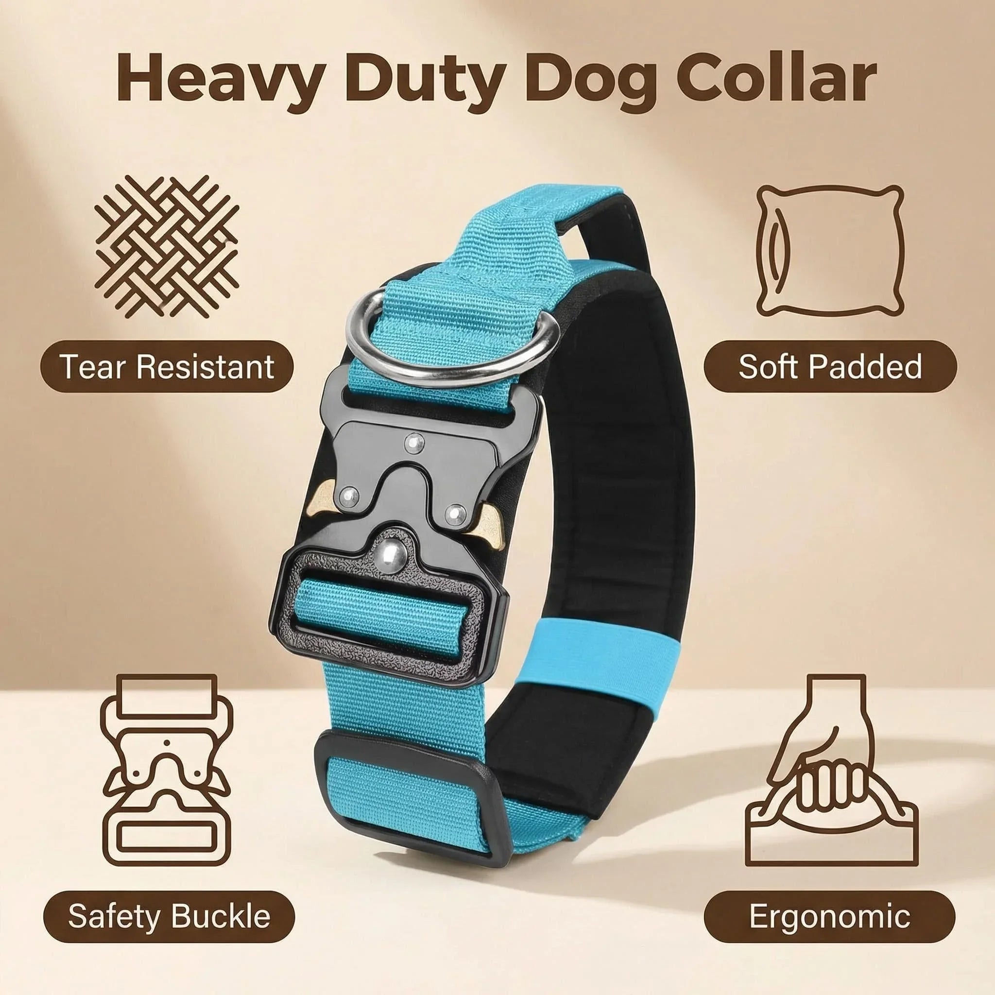 Padded Tactical Dog Collar Heavy Duty, Soft Neoprene Adjustable Nylon with Metal Buckle for Large Medium Dogs