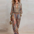 Retro Boho Printed 2 Piece Set for Women 2026 V Neck Top + Wide Leg Trousers Elegant Outfit Suit Casual Loose Suit Outfit