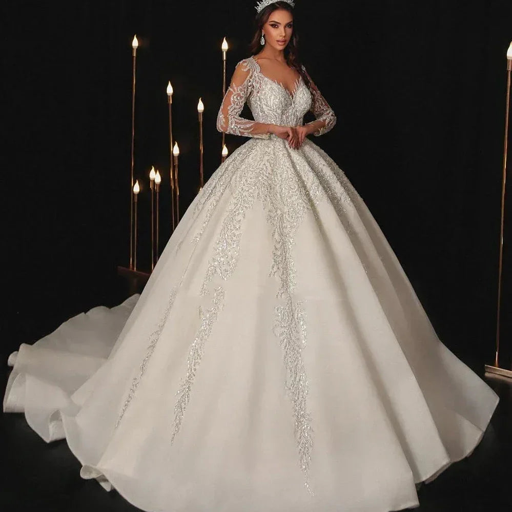 Modern Wedding Dresses A Line Bridal Gowns Lace Appliques Full Sleeves Floor Length Robes Charming Vestidos De Novia Customized