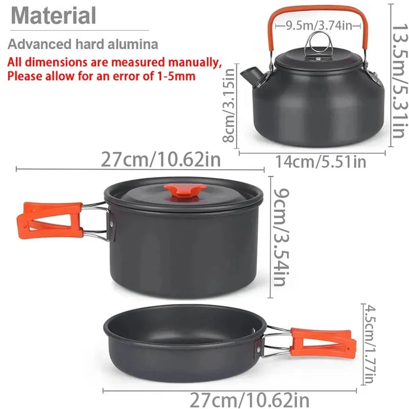 2-3 Person Non-Stick Camping Cookware Set, Portable Outdoor Picnic Travel Tableware with Teapot