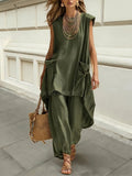 Women Loose Two-piece Sets Sleeveless Large Pockets Irregular Long Top Wide-leg Trousers Summer Casual Holiday Solid Color Suits